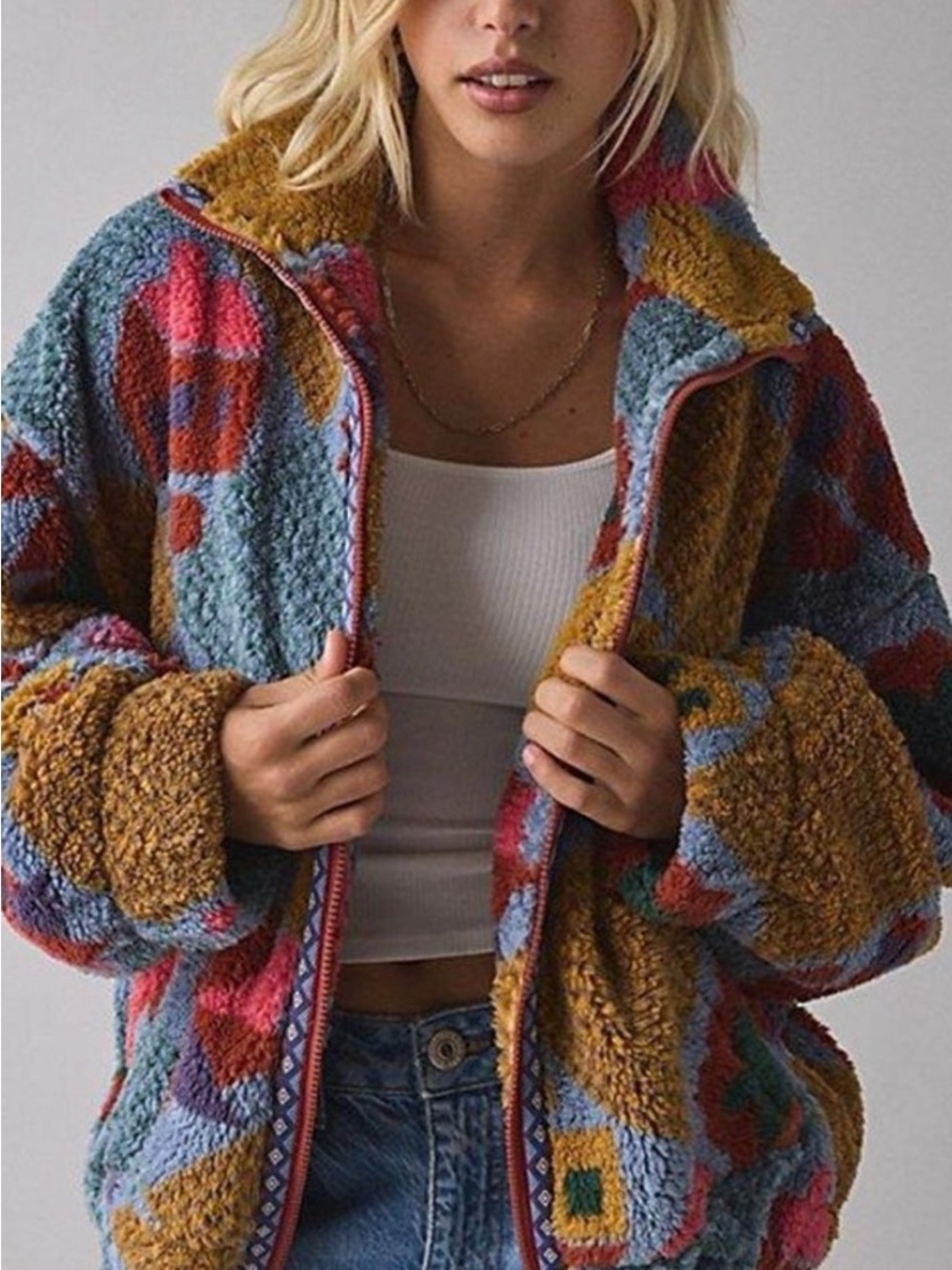 BDG Multicolor Sherpa Jacket: Mae printed piled fleece zip-up fleece